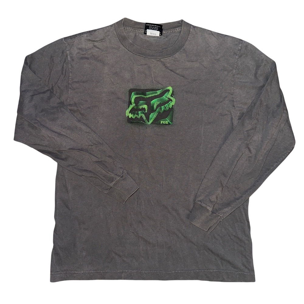 Fox Racing Mens Long Sleeve T-Shirt Grey Green Graphic Logo Size Medium